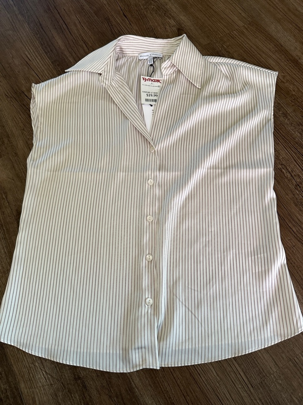 Sleeveless Striped Button-Front Blouse - White with Thin Gray Stripes